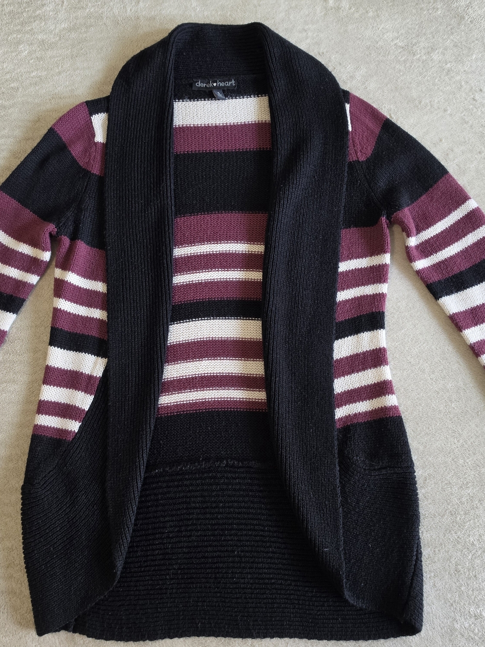 Derek Heart Black, Burgundy & Cream Striped Open-Front Cardigan